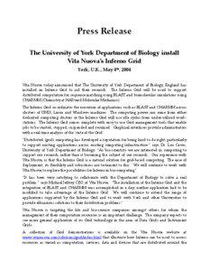 Press Release The University of York Department of Biology install Vita Nuova’s Inferno Grid