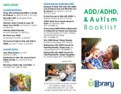 ADD/ADHD Juvenile Nonfiction Living with Learning Disabilities: A Guide for Students, by David E. Hall (JH) Miss Little’s Gift, by Douglas Wood (JW)