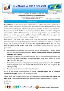 ALYANGULA AREA SCHOOL We Learn For Life Cnr Flinders St & Ayawarra Cr, Alyangula, NT, 0885—Ph—Fax—PMB 3, Alyangula, NT, 0885 Facebook: http://www.facebook.com/AlyangulaAreaSchool Website: http: