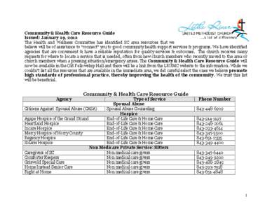 Community & Health Care Resource Guide Issued: January 29, 2012 The Health and Wellness Committee has identified SC area resources that we