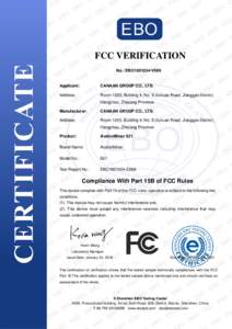 FCC VERIFICATION No.: EBO1801034-V069 Applicant:  CANAAN GROUP CO., LTD.