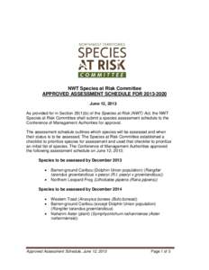 NWT Species at Risk Committee APPROVED ASSESSMENT SCHEDULE FOR[removed]June 12, 2013 As provided for in Section[removed]b) of the Species at Risk (NWT) Act, the NWT Species at Risk Committee shall submit a species assess