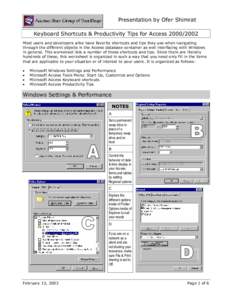 Presentation by Ofer Shimrat Keyboard Shortcuts & Productivity Tips for Access[removed]Most users and developers alike have favorite shortcuts and tips they use when navigating through the different objects in the Acce