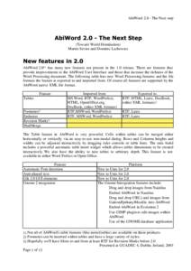 AbiWord[removed]The Next step  (Toward World Domination) Martin Sevior and Dominic Lachowicz  AbiWord[removed]has many new features not present in the 1.0 release. There are features that