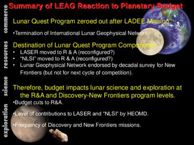 Summary of LEAG Reaction to Planetary Budget Lunar Quest Program zeroed out after LADEE Mission. •Termination of International Lunar Geophysical Network. Destination of Lunar Quest Program Components. • LASER moved t