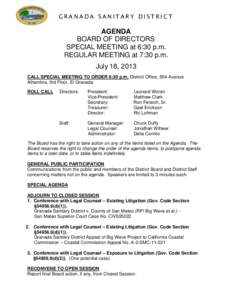 GRANADA SANITARY DISTRICT  AGENDA BOARD OF DIRECTORS SPECIAL MEETING at 6:30 p.m. REGULAR MEETING at 7:30 p.m.