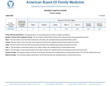 American Board Of Family Medicine Fellowship Program Examination Performance 5-Year Summary UNIVERSITY HOSPITAL-TUCSON Tucson, Arizona