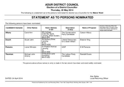 ADUR DISTRICT COUNCIL Election of a District Councillor Thursday, 22 May 2014 The following is a statement as to the persons nominated for election as a Councillor for the Manor Ward  STATEMENT AS TO PERSONS NOMINATED