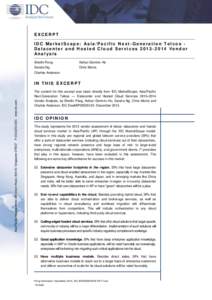 EXCERPT IDC Ma rket Scape: Asia /Pacific Next -Ge ne ratio n T elcos Datacenter and Host ed Clo ud Services[removed]Vendor Analysis Sherlin Pang  Adrian Dominic Ho