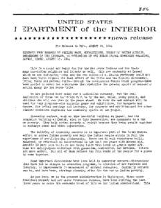 UNITED STATES  1 ]PARTMENT of the INTERIOR * * * * * * * * * * * * * * * * * * * * *news