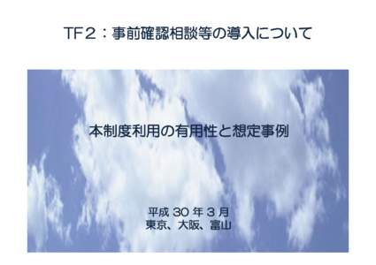 TF２：事前確認相談等の導入について  本制度利用の有用性と想定事例 平成 30 年 3 月 東京、大阪、富山