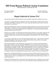 MD Farm Bureau Political Action Committee 3358 Davidsonville Road – Davidsonville, MD[removed]For Immediate Release September 26, 2014