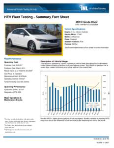 HEV Fleet Testing - Summary Fact Sheet 2013 Honda Civic VIN: 19XFB4F27DE000594 Vehicle Specifications Engine: 1.5 L, Inline 4-Cylinder