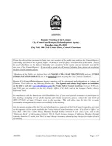 AGENDA Regular Meeting of the Lompoc City Council and Lompoc Redevelopment Agency Tuesday, June 15, 2010 City Hall, 100 Civic Center Plaza, Council Chambers