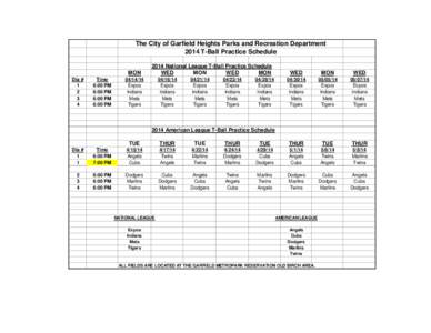 The City of Garfield Heights Parks and Recreation Department 2014 T-Ball Practice Schedule MON Dia # 1 2