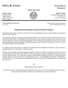 Sylvia R. Garcia  Texas Senate District 6 PRESS RELEASE