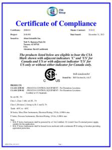 Certificate of Compliance Certificate: Master Contract: