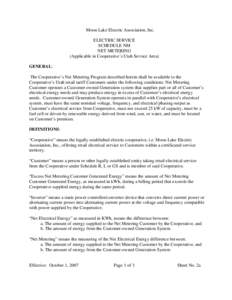 Moon Lake Electric Association, Inc. ELECTRIC SERVICE SCHEDULE NM NET METERING (Applicable in Cooperative’s Utah Service Area) GENERAL: