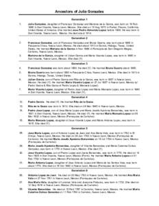 Ancestors of Julia Gonzales Generation 1 1. Julia Gonzales, daughter of Francisco Gonzalez and Mariana de la Garcia, was born on 16 Feb 1885 in San Vicente, Nuevo Leon, Mexico. She died on 15 Aug 1973 in Parlier, Fresno,