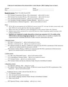 CHECKLIST FOR GERMAN SECONDARY-EDUCATION MAJOR[removed]Catalog Year or Later) Advisor: __________________________ Date: ____________________ Name: __________________________ Student #: _______________________