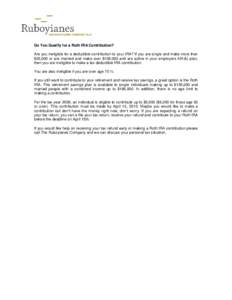 Do You Qualify for a Roth IRA Contribution? Are you ineligible for a deductible contribution to your IRA? If you are single and make more than $55,000 or are married and make over $109,000 and are active in your employer