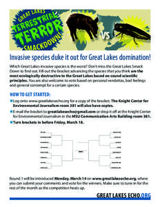 Invasive species duke it out for Great Lakes domination! Which Great Lakes invasive species is the worst? Don’t miss the Great Lakes Smack Down to find out. Fill out the bracket advancing the species that you think are