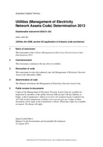 Australian Capital Territory  Utilities (Management of Electricity Network Assets Code) Determination 2013 Disallowable instrument DI2013–222 made under the