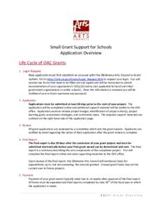 Small Grant Support for Schools Application Overview Life Cycle of OAC Grants 1. Login Request New applicants must first establish an account with the Oklahoma Arts Council e-Grant system. Go to https://arts.ok.gov/Grant