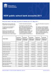 NSW public school bank accounts 2011 Amounts held in the bank accounts of schools as at 31 May[removed]NSW public schools operate and maintain their own bank accounts. Principals have the flexibility to manage day to day s