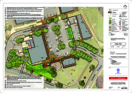 ENHANCED FORECOURT SPACE INCORPORATING NEW PAVEMENT AND COMPLIANT ACCESS VIA RAMPS AND STAIRS. NEW SEATING WALLS, RUBBISH BINS AND BICYCLE RACKS 2  IMPROVED ACCESSIBLE PARKING SPACES WITH COMPLIANT ACCESS VIA NEW PRAM RA