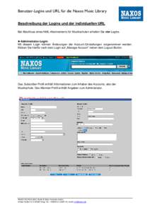 Benutzer-Logins und URL für die Naxos Music Library Beschreibung der Logins und der individuellen URL Bei Abschluss eines NML-Abonnements für Musikschulen erhalten Sie vier Logins. ►Administrator-Login: Mit diesem Lo