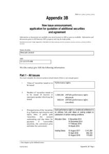 ASX Listing Rules Appendix 3B - New Issue Announcement Application for Quotation of Additional Securities and Agreement