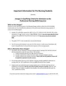 Important Information for Pre-Nursing Students ****** Changes in Qualifying Criteria for Admission to the Professional Nursing (BSN) Sequence What are the changes?