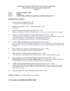 CHITTENDEN COUNTY REGIONAL PLANNING COMMISSION TRANSPORTATION ADVISORY COMMITTEE AGENDA DATE: TIME: PLACE: