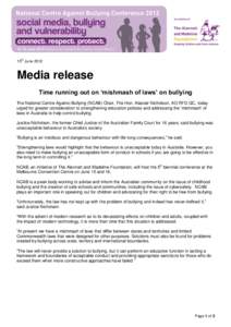 th  15 June 2012 Media release Time running out on ‘mishmash of laws’ on bullying