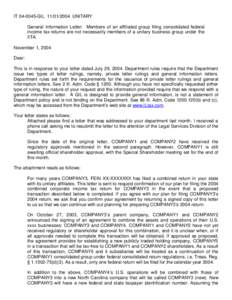 IT[removed]GIL[removed]UNITARY General Information Letter: Members of an affiliated group filing consolidated federal income tax returns are not necessarily members of a unitary business group under the IITA. November