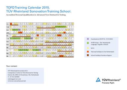 TOFD Training CalendarTÜV Rheinland Sonovation Training School.	 Accredited Personal Qualification in Advanced Non-Destructive Testing. Examination (ISO9712 - PCN/SKO) TOFD 8 days - The Netherlands