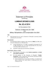 Statement of Principles concerning lumbar spondylosis No. 62 of 2014