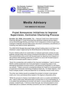 Media Advisory - Fryzel Announces Initiatives to Improve Supervision, Centralize Chartering Process