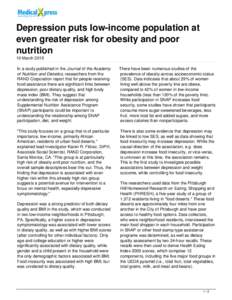 Depression puts low-income population at even greater risk for obesity and poor nutrition