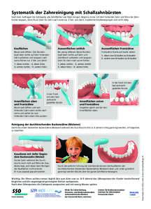 Systematik der Zahnreinigung mit Schallzahnbürsten Nach dem Auftragen der Zahnpasta, alle Zahnflächen wie folgt reinigen: Beginne immer mit dem hintersten Zahn und führe die Zahnbürste langsam, ohne Druck Zahn für Z