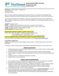 Communication Skills Instructors (Sturgeon Bay, WI) Part-time (Adjunct) Department: General Studies / Sturgeon Bay Job Order[removed]November 13, 2014