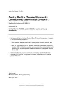 Australian Capital Territory  Gaming Machine (Required Community Contributions) Determination[removed]No 1) Disallowable Instrument DI[removed]made under the