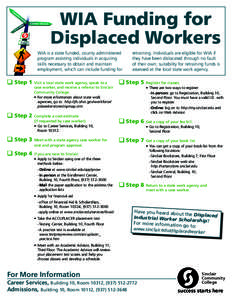 WIA Funding for Displaced Workers WIA is a state funded, county administered program assisting individuals in acquiring skills necessary to obtain and maintain employment, which can include funding for