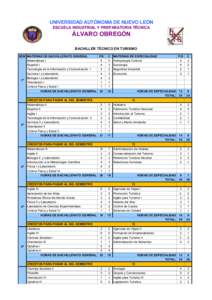 UNIVERSIDAD AUTÓNOMA DE NUEVO LEÓN ESCUELA INDUSTRIAL Y PREPARATORIA TÉCNICA ÁLVARO OBREGÓN BACHILLER TÉCNICO EN TURISMO SEM MATERIAS DE BACHILLERATO GENERAL