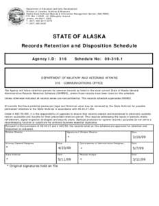 Department of Education and Early Development Division of Libraries, Archives & Museums Alaska State Archives/Records & Information Management Service (ASA/RIMS) P.O. Box[removed], 141 Willoughby Avenue Juneau, AK[removed]