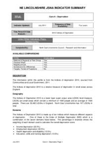 NE LINCOLNSHIRE JSNA INDICATOR SUMMARY Core 9 – Deprivation TITLE:  Indicator Updated: