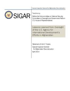 Special Inspector General for Afghanistan Reconstruction  SIGAR Testimony Before the Subcommittee on National Security