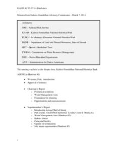 KAHO AC[removed]Final.docx Minutes from Kaloko-Honokōhau Advisory Commission – March 7, 2014 Acronyms: NPS – National Park Service KAHO – Kaloko-Honokōhau National Historical Park PUHO – Pu‘uhonua o Hōnauna