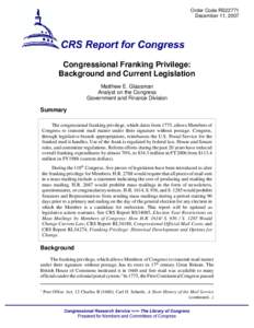 Congressional Franking Privilege: Background and Current Legislation